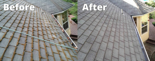 Before and after comparison of a roof with cleaning work done. MODA Detail Services, Houston, Texas